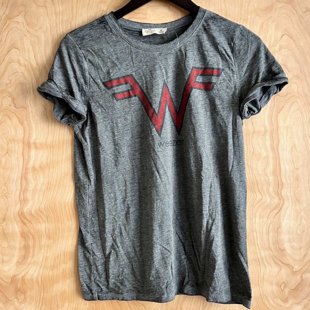 Distressed Weezer Band Logo Tour Short Sleeve T-Shirt Gray Hollister Women's M